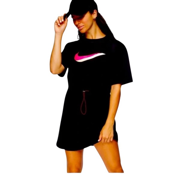 Nike T-Shirt Dress 1X Black Swoosh Logo Organic Cotton Drawstring Waist Casual - Picture 1 of 11